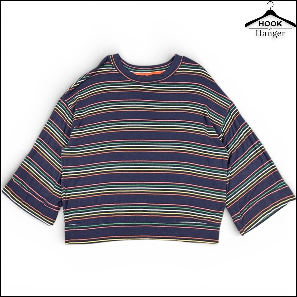 Sundry Striped‎ Top 2 M Navy Blue Multicolor Rainbow Retro Kimono Loungewear USA